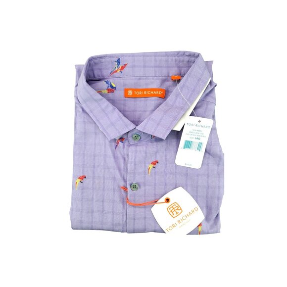 Tori Richard Bird Cage Parrot Embroidered Short Sleeve Shirt Men Large Purple - Picture 2 of 8